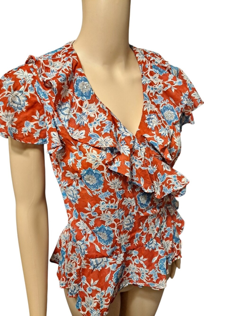 American Living Floral Ruffle V-Neck Wrap Top in Red and Blue